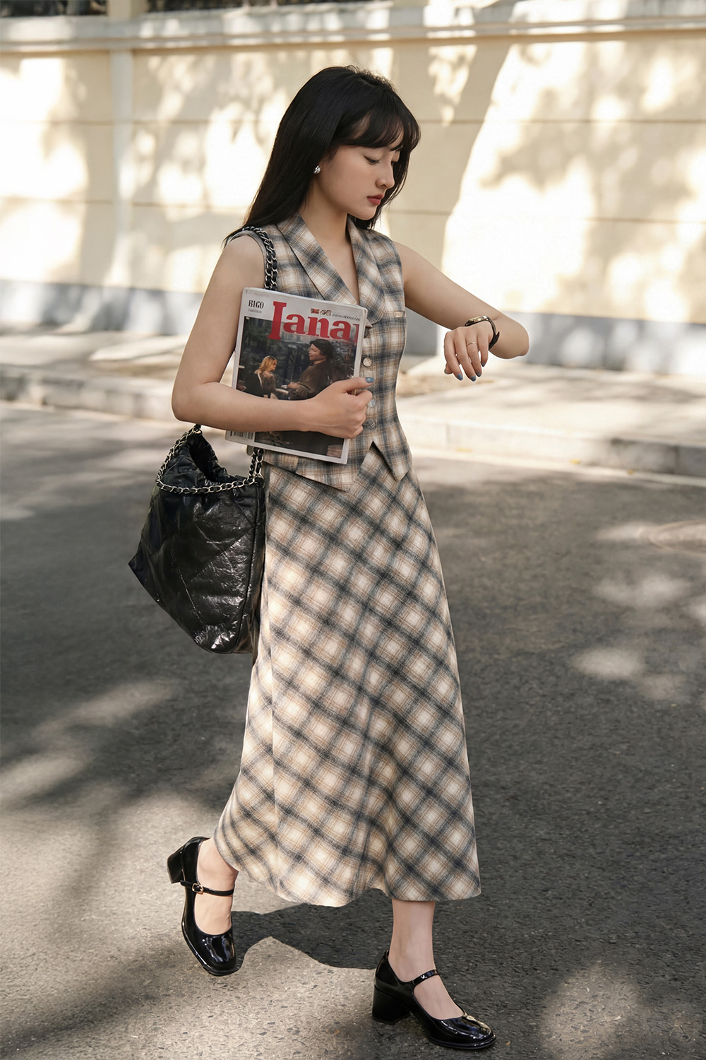 Chân váy dài xòe chữ A họa tiết caro