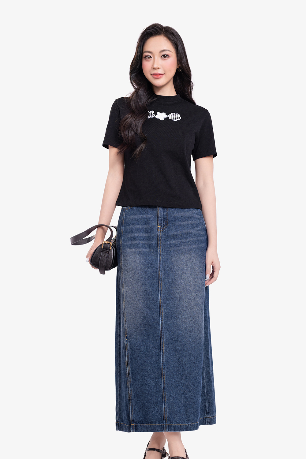 Chân váy jean dáng dài lưng cao