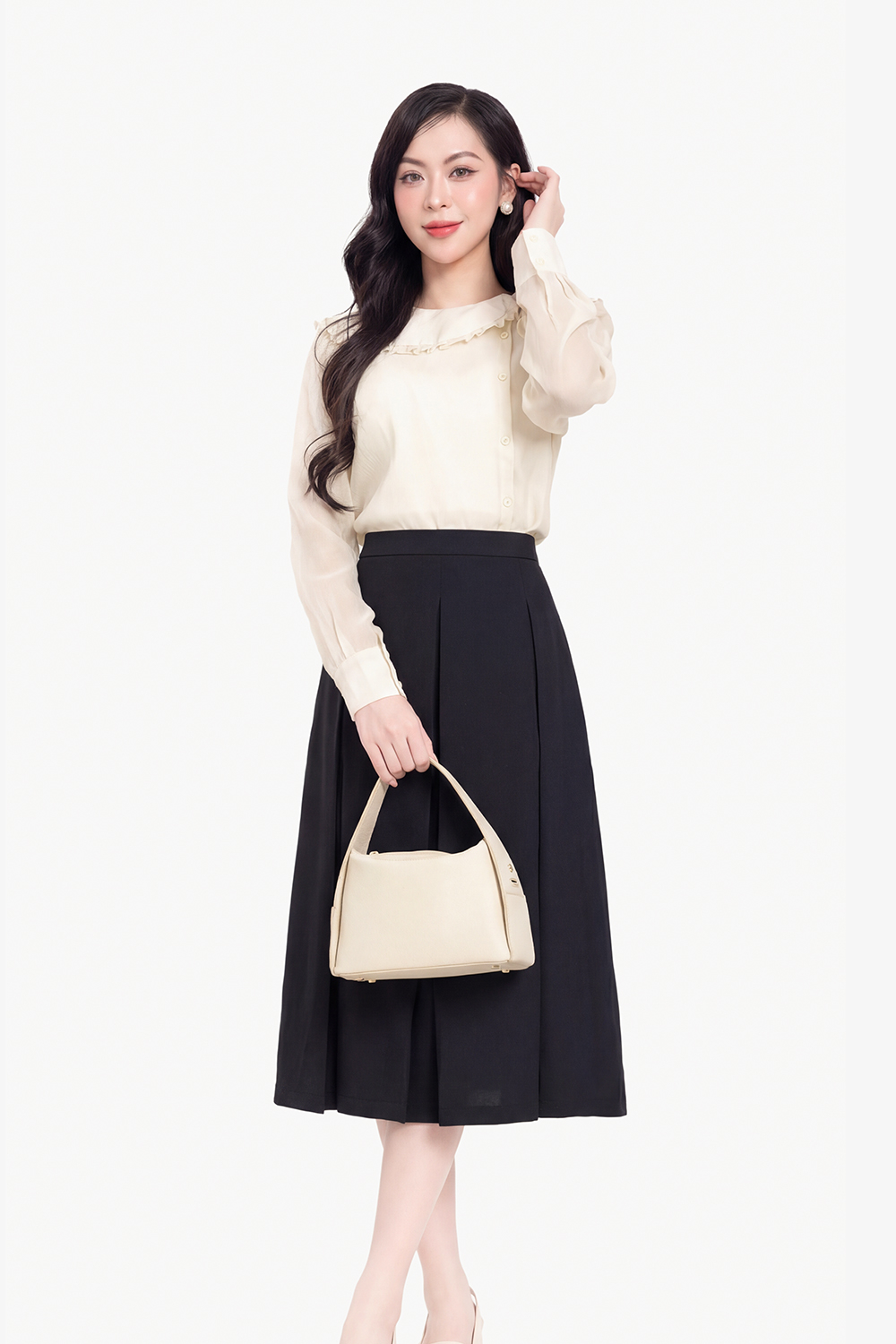 Chân váy xòe xếp ly màu xám