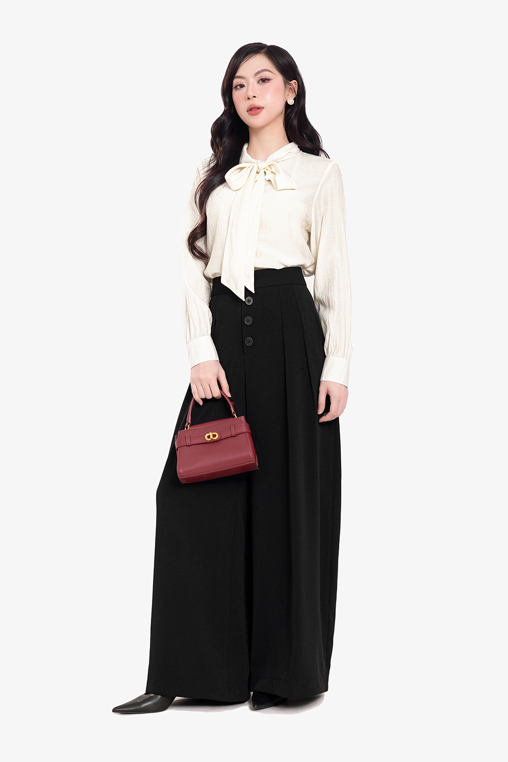 Quần đen công sở ống suông rộng lưng cao