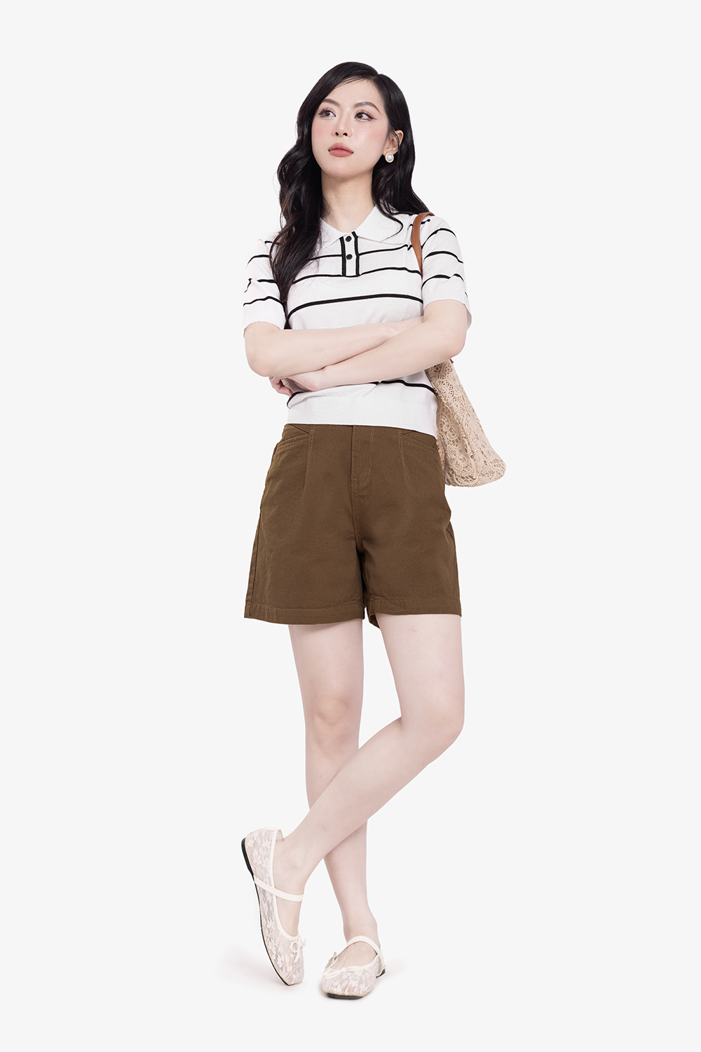 Quần đùi kaki lưng cao màu nâu có túi