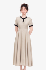 Đầm dài midi xòe cổ tròn phối viền đen