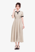 Đầm dài midi xòe cổ tròn phối viền đen