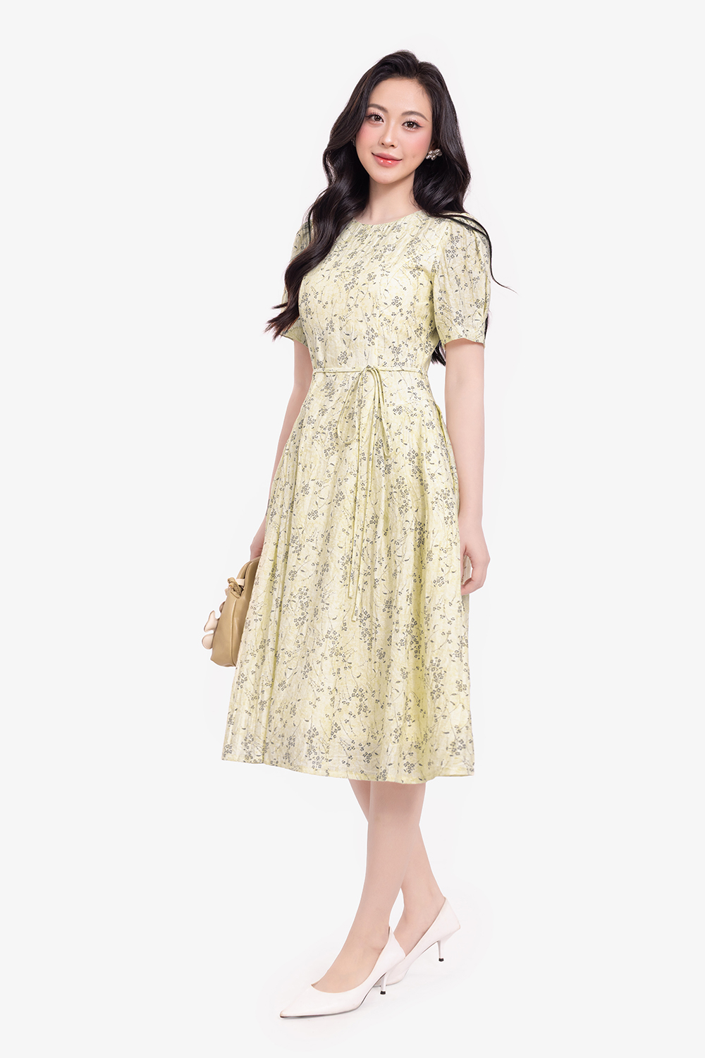 Đầm hoa nhí dáng xòe eo thắt nơ