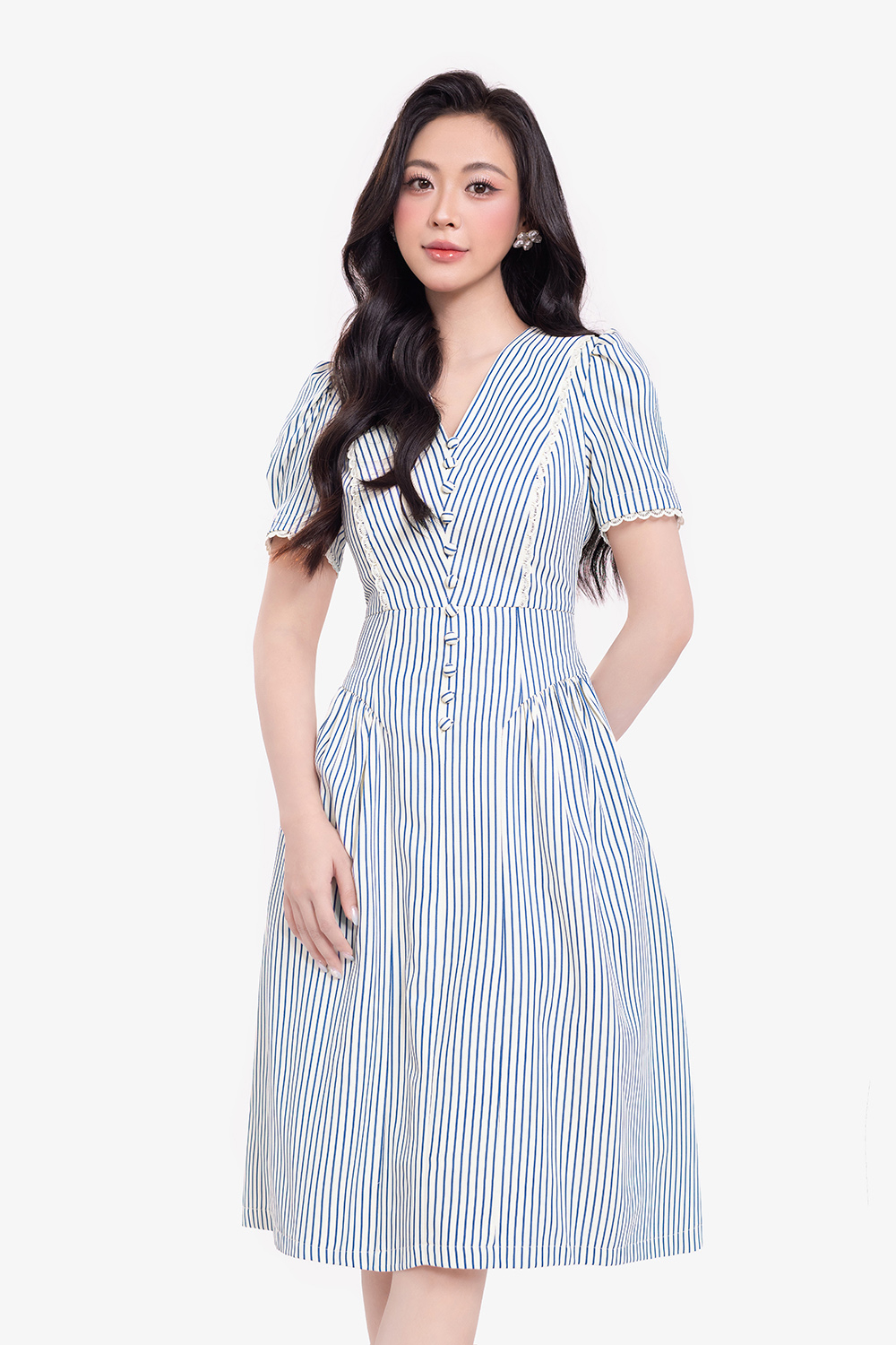 Đầm công sở dáng xòe kẻ sọc xanh cổ V