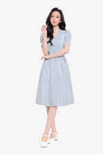 Đầm công sở dáng xòe kẻ sọc xanh cổ V