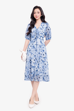 Đầm voan hoa xanh dáng xòe chữ A tay lửng