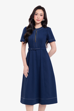 Đầm xanh công sở dáng xòe viền chỉ nổi kèm belt