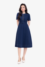 Đầm xanh công sở dáng xòe viền chỉ nổi kèm belt