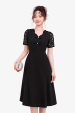 Đầm xòe đen phối ren cổ cách điệu đính nơ