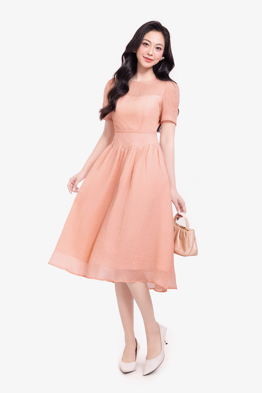 Đầm xòe tơ nhún cổ tròn chiết eo lượn sóng