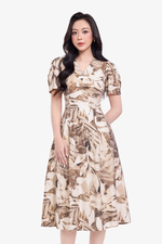 Đầm công sở họa tiết dáng xòe cổ V phối nút