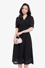 Đầm đen chiffon dáng chữ A xòe cổ V viền bèo