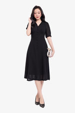 Đầm đen chiffon dáng chữ A xòe cổ V viền bèo
