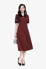 Đầm đỏ công sở nhấn eo cổ sơ mi phối đen