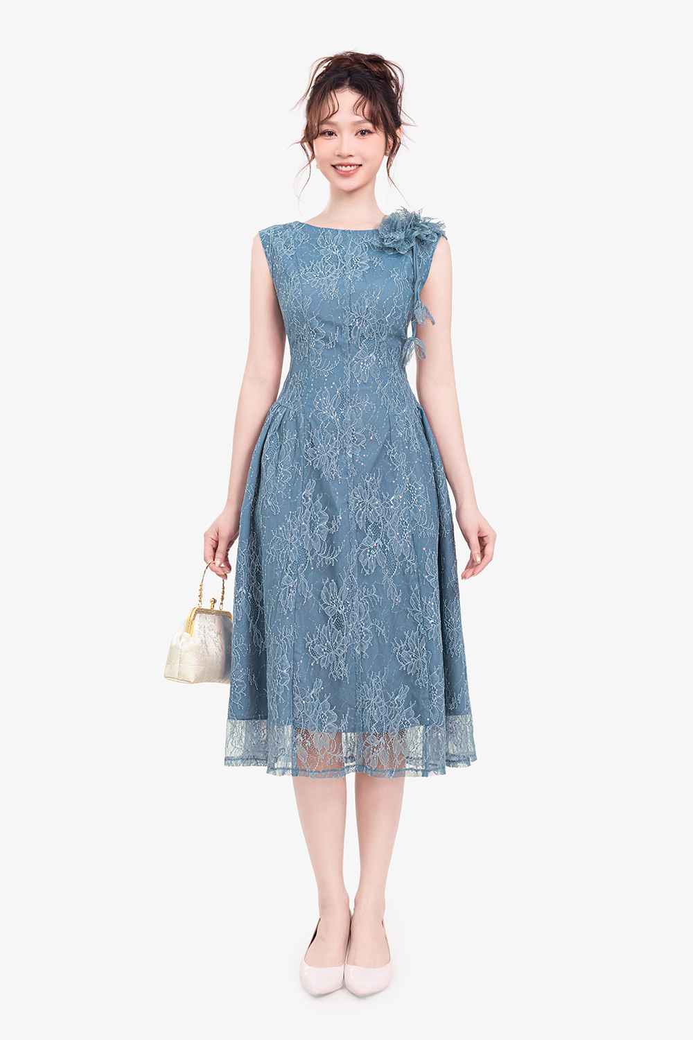 Đầm tiệc ren xanh đính hoa cao cấp