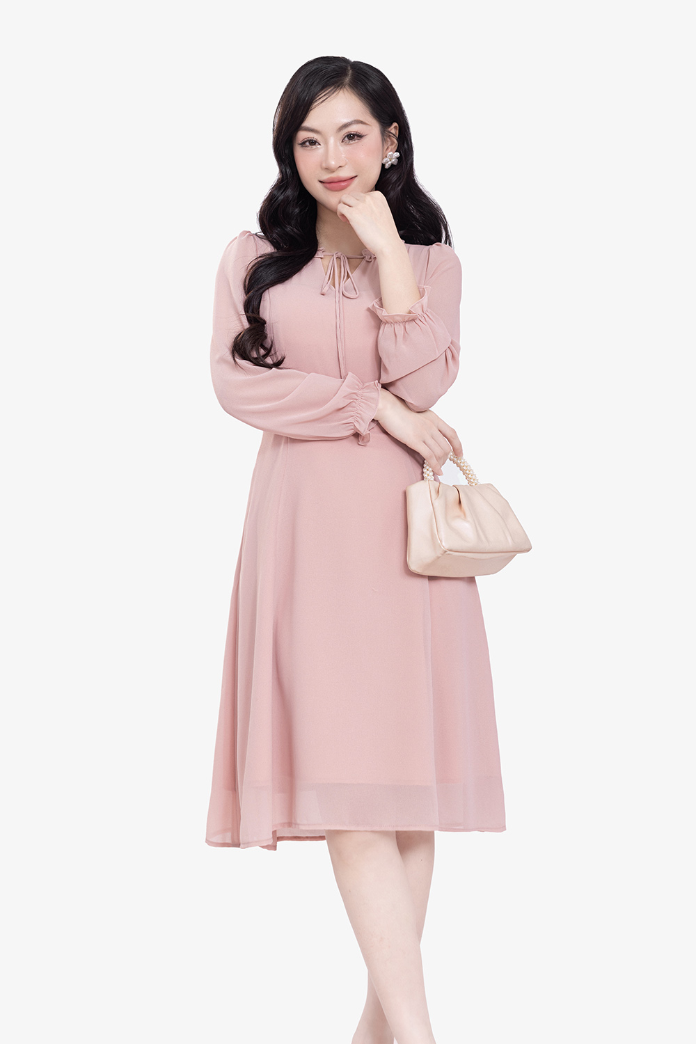 Đầm hồng công sở dáng chữ A tay dài