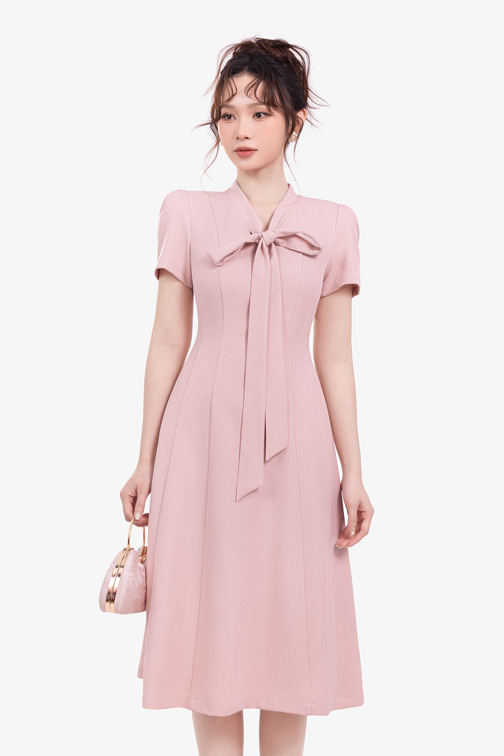 Đầm hồng công sở cổ phối nơ