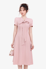 Đầm hồng công sở cổ phối nơ