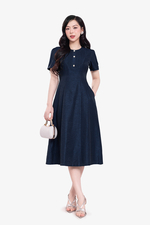 Đầm xòe màu xanh đen cổ xếp ly