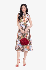 Đầm chữ A họa tiết hoa cổ thuyền lệch nhún vai