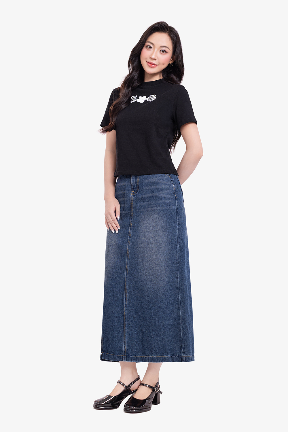 Chân váy jean dáng dài lưng cao