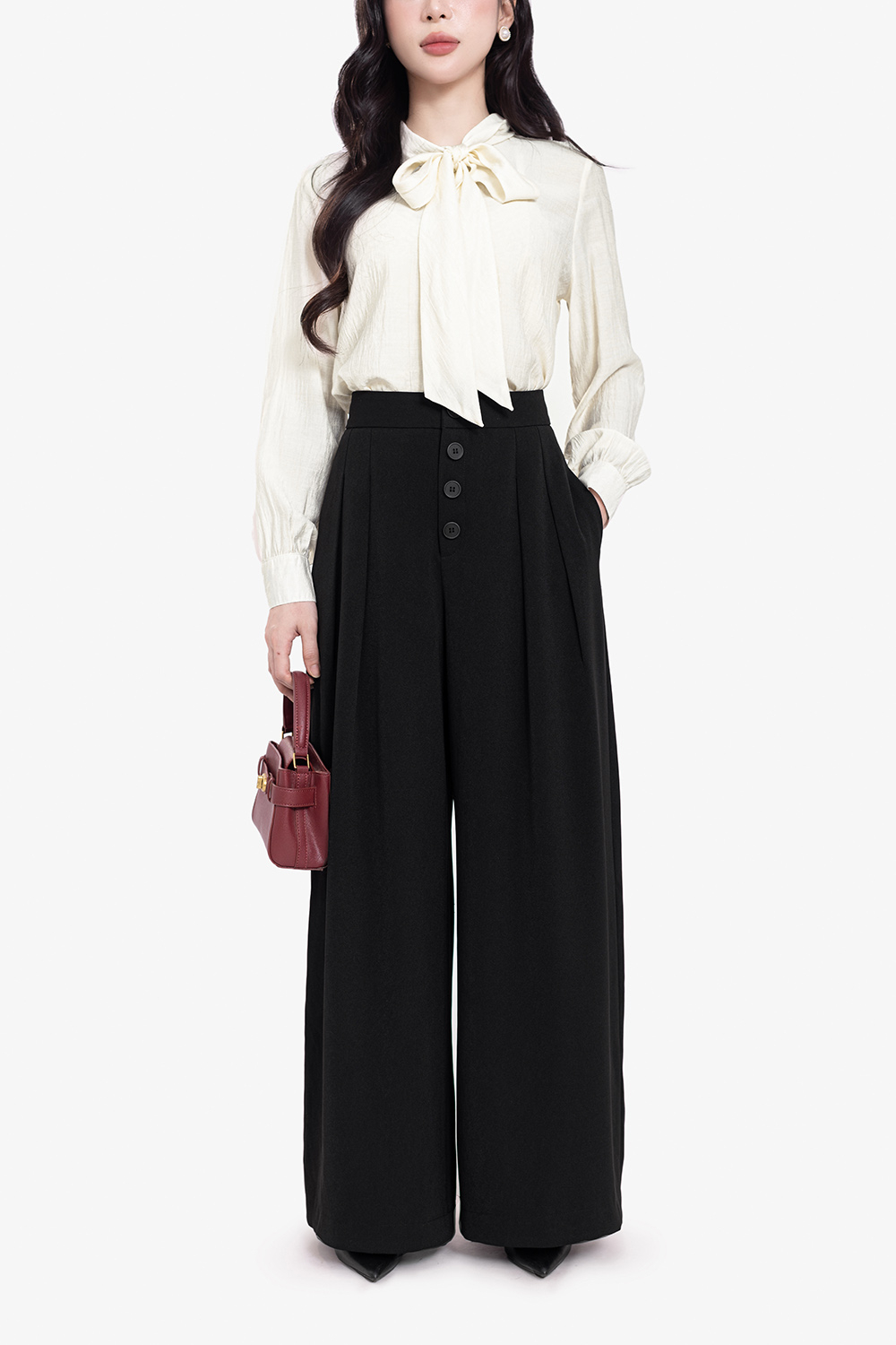 Quần đen công sở ống suông rộng lưng cao