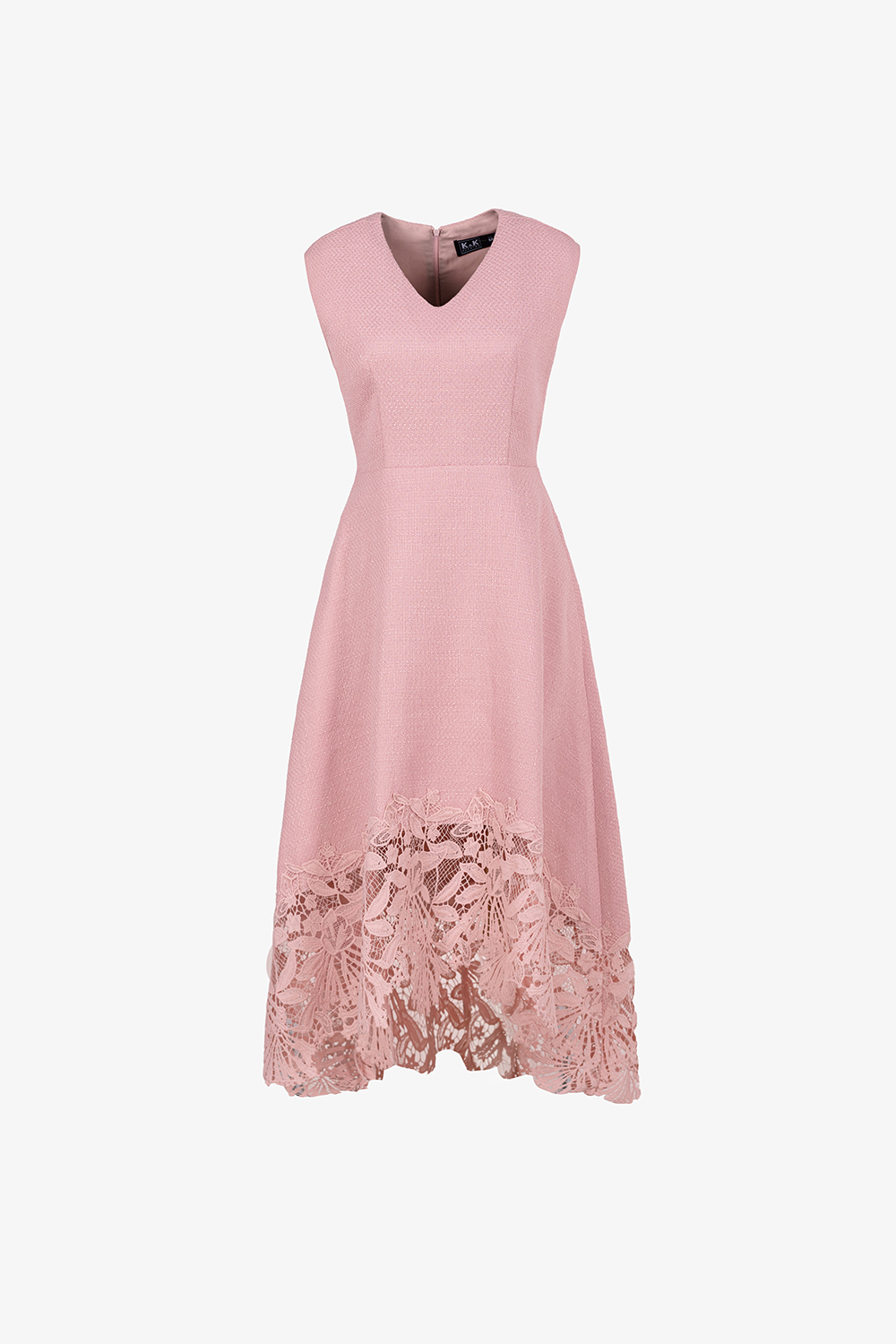 Đầm xòe cổ V sát nách phối ren hồng