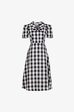 Đầm linen họa tiết caro đen trắng dáng xòe cổ sen