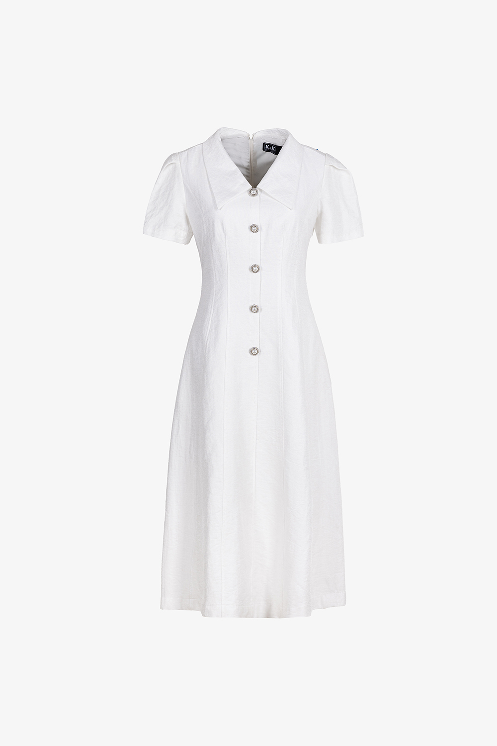 Đầm trắng chữ A cổ sơ mi phối nút