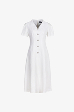 Đầm trắng chữ A cổ sơ mi phối nút