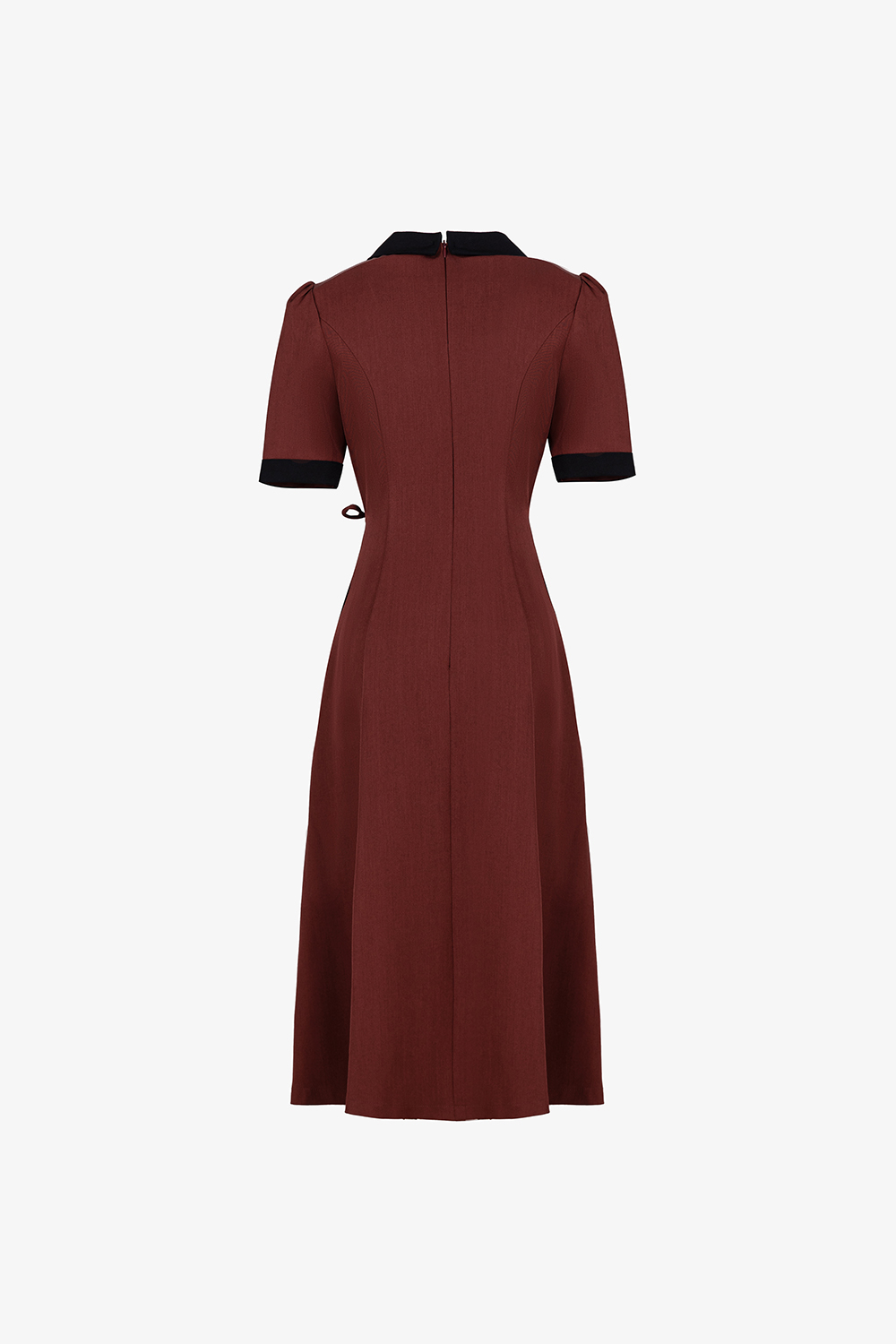 Đầm đỏ công sở nhấn eo cổ sơ mi phối đen