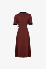 Đầm đỏ công sở nhấn eo cổ sơ mi phối đen