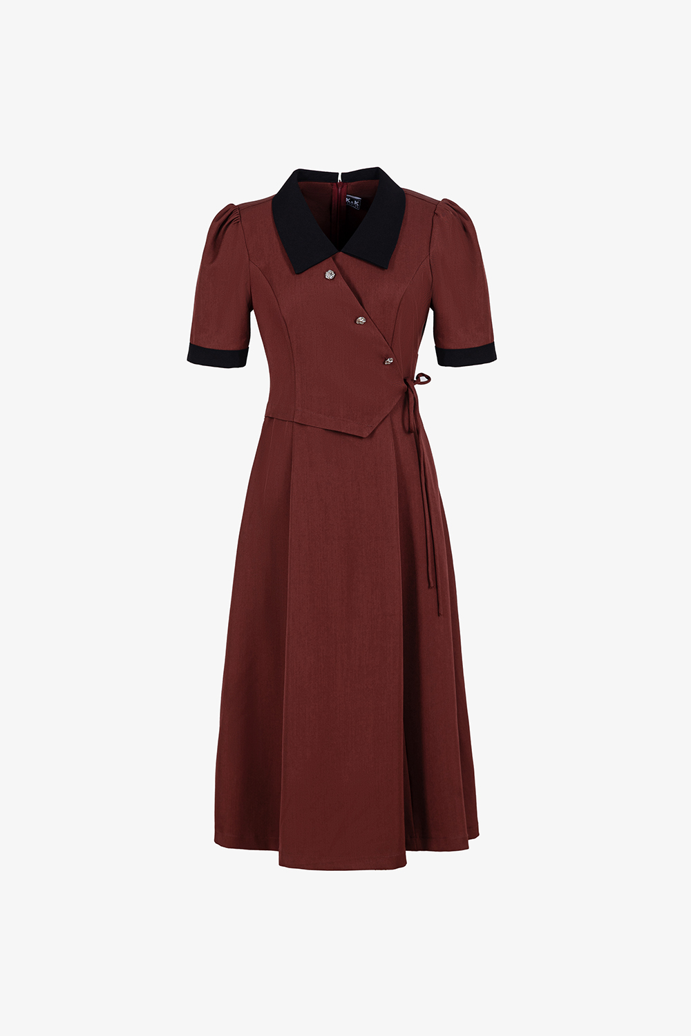 Đầm đỏ công sở nhấn eo cổ sơ mi phối đen