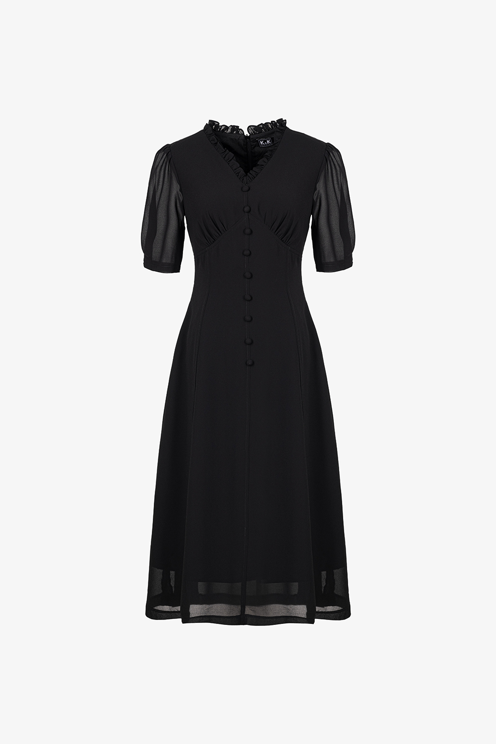 Đầm đen chiffon dáng chữ A xòe cổ V viền bèo