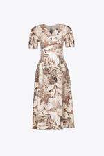 Đầm công sở họa tiết dáng xòe cổ V phối nút