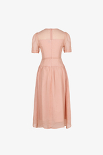 Đầm xòe tơ nhún cổ tròn chiết eo lượn sóng