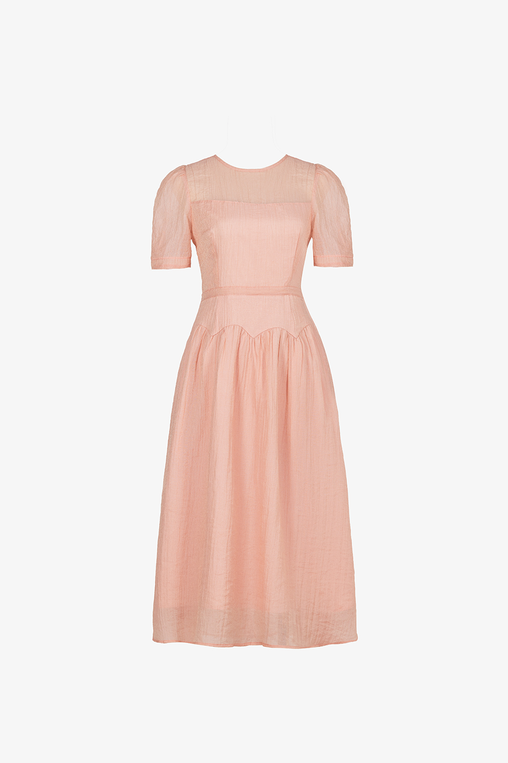 Đầm xòe tơ nhún cổ tròn chiết eo lượn sóng