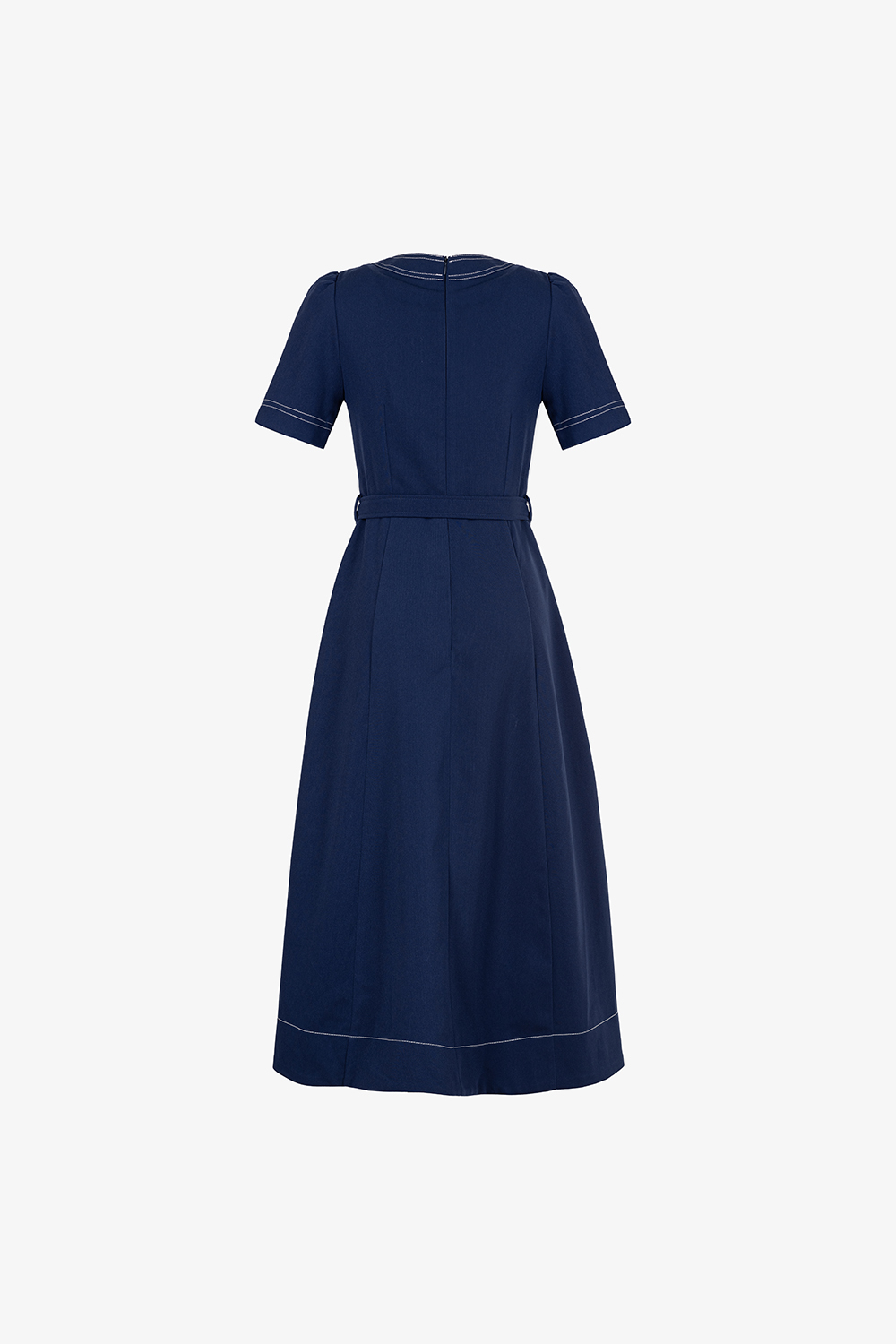 Đầm xanh công sở dáng xòe viền chỉ nổi kèm belt