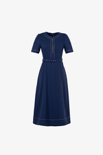 Đầm xanh công sở dáng xòe viền chỉ nổi kèm belt