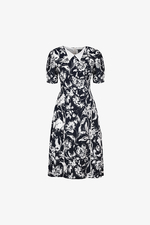 Đầm xòe công sở hoa trắng nền xanh đen