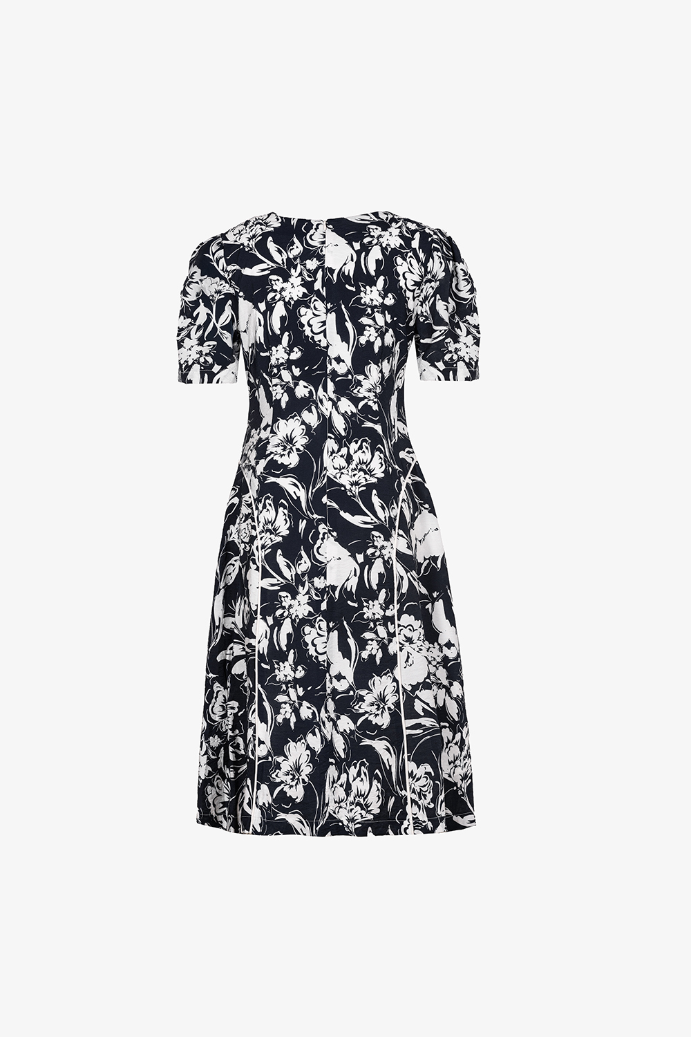 Đầm xòe công sở hoa trắng nền xanh đen