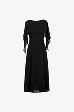 Đầm đen dự tiệc chữ A cổ thuyền tay cape