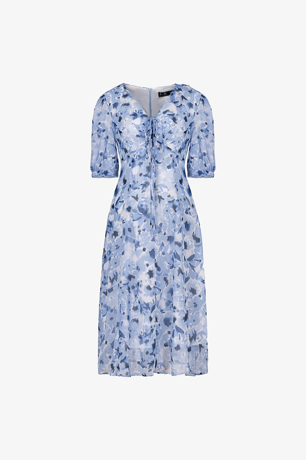 Đầm voan hoa xanh dáng xòe chữ A tay lửng