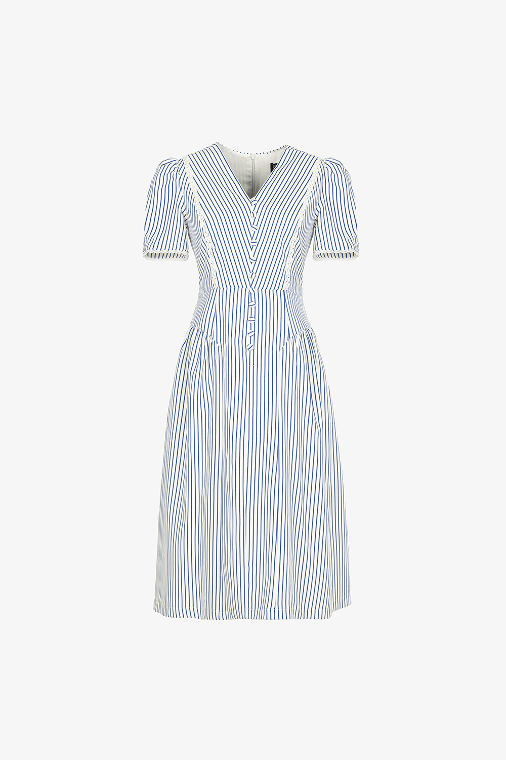 Đầm công sở dáng xòe kẻ sọc xanh cổ V