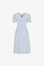 Đầm công sở dáng xòe kẻ sọc xanh cổ V