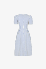 Đầm công sở dáng xòe kẻ sọc xanh cổ V