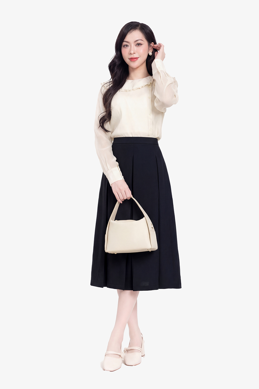 Chân váy xòe xếp ly màu xanh