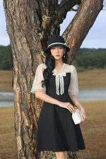 Đầm đen xòe chữ A phối ren kem cổ đính nơ