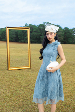 Đầm tiệc ren xanh đính hoa cao cấp